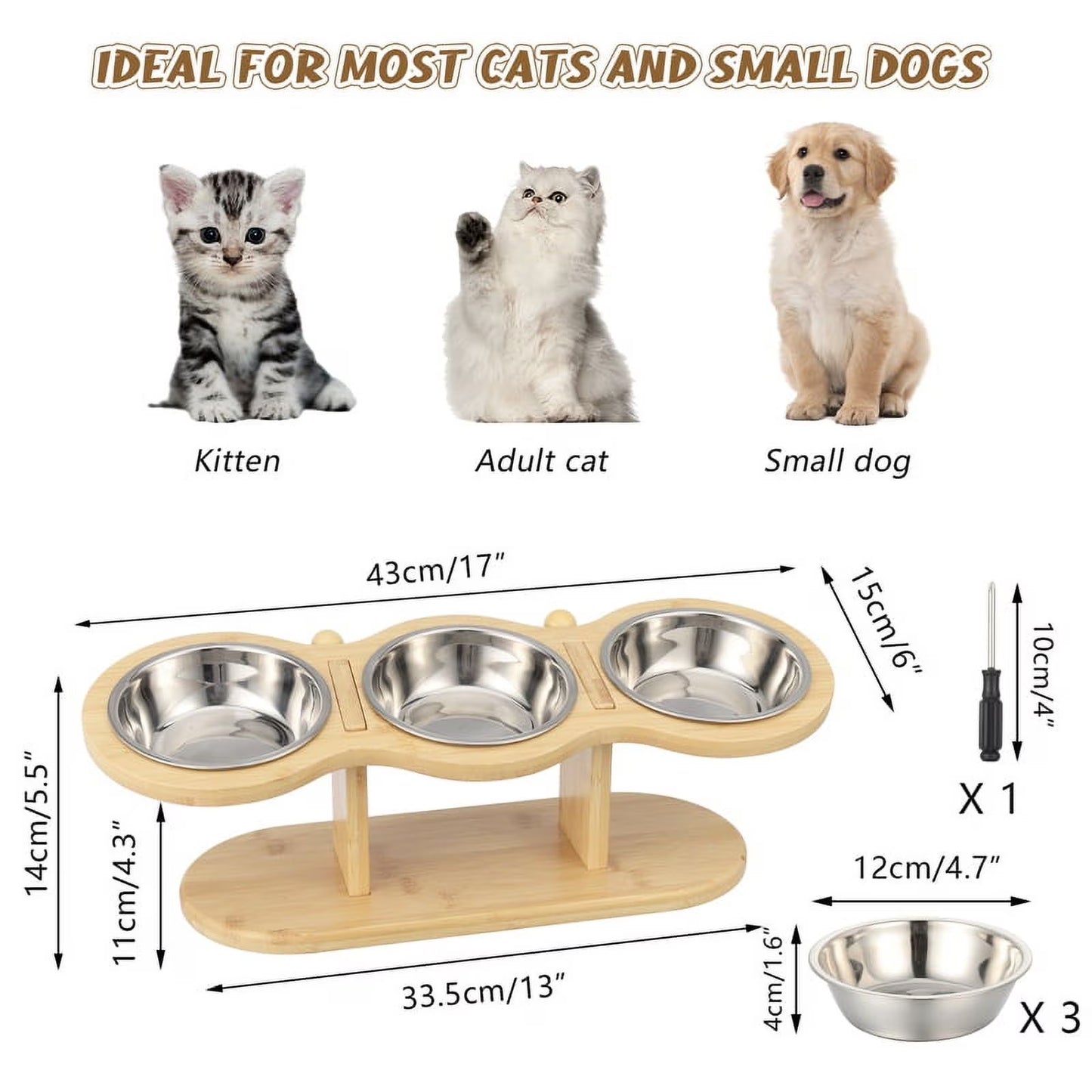 Elevated Wooden Cat Feeding Station with 15° Tilt and Adjustable Design, Includes 3 Stainless Steel Bowls for Cats and Small Dogs
