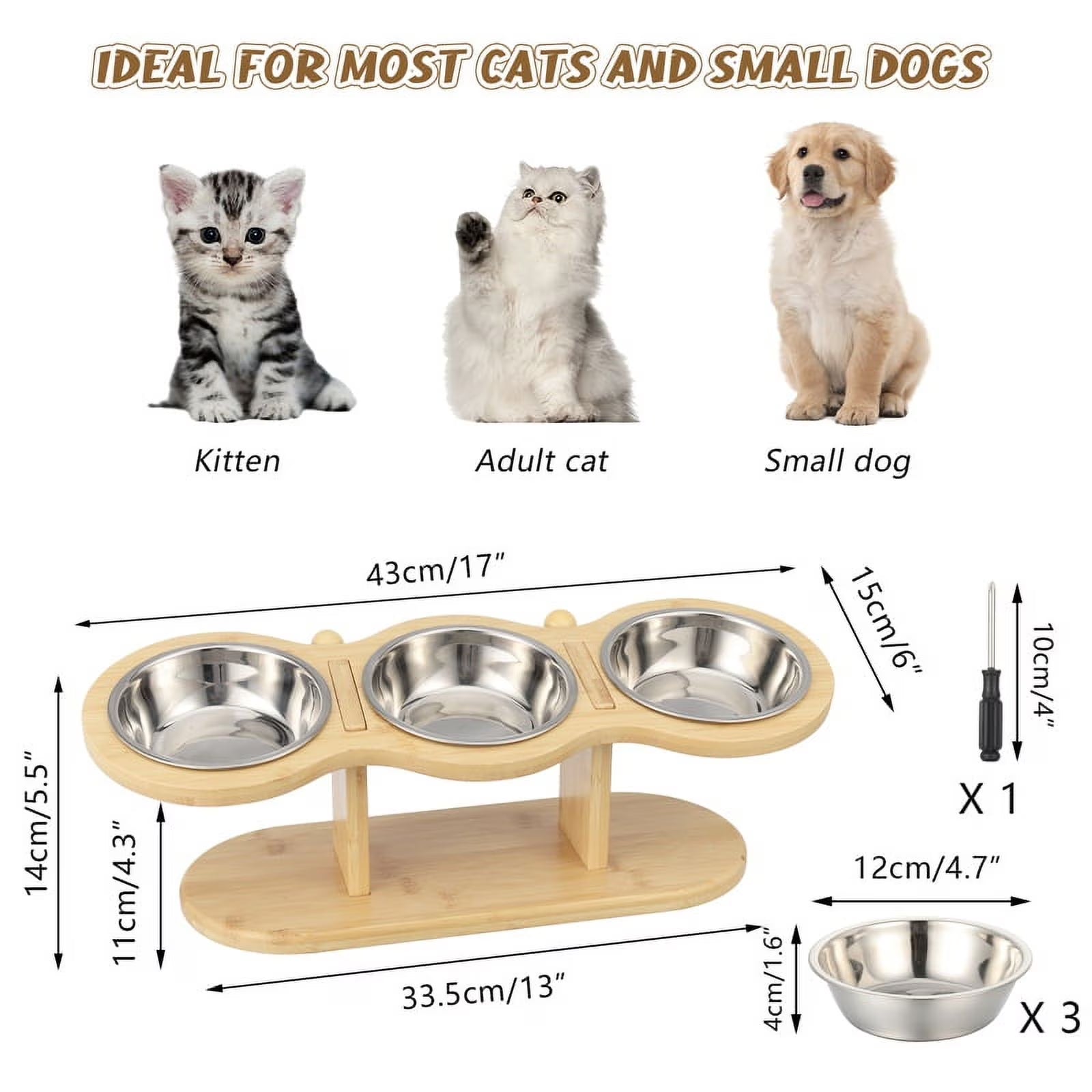Elevated Wooden Cat Feeding Station with 15° Tilt and Adjustable Design, Includes 3 Stainless Steel Bowls for Cats and Small Dogs