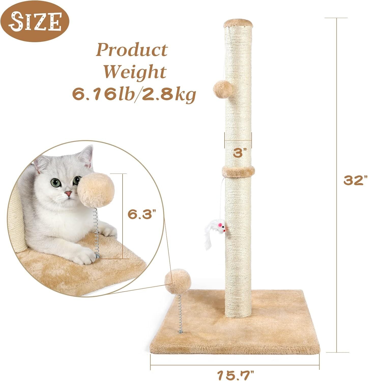 32" Tall Cat Scratching Posts for Indoor Cats, 3-In-1 Cat Scratching Post Wit...