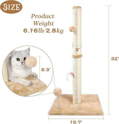 32" Tall Cat Scratching Posts for Indoor Cats, 3-In-1 Cat Scratching Post Wit...