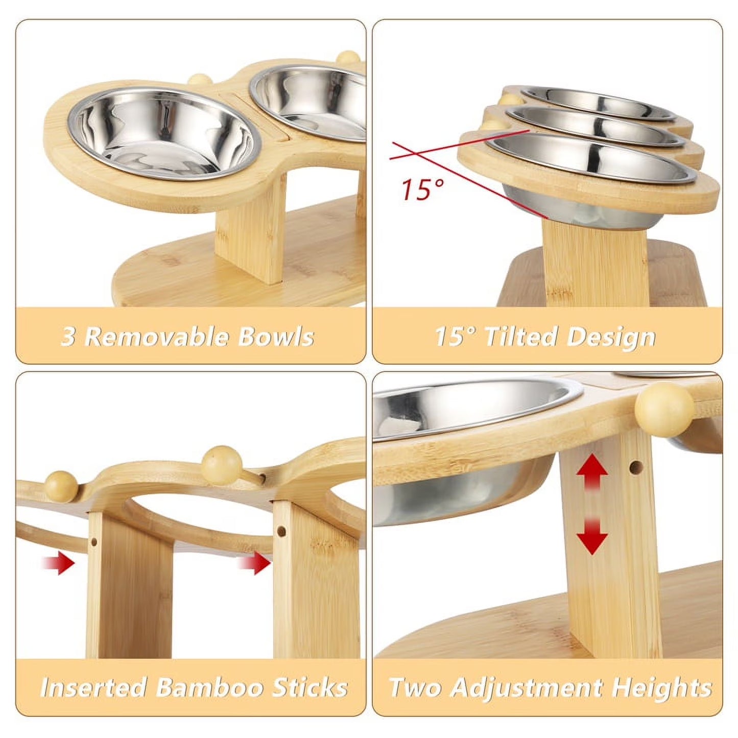 Elevated Wooden Cat Feeding Station with 15° Tilt and Adjustable Design, Includes 3 Stainless Steel Bowls for Cats and Small Dogs