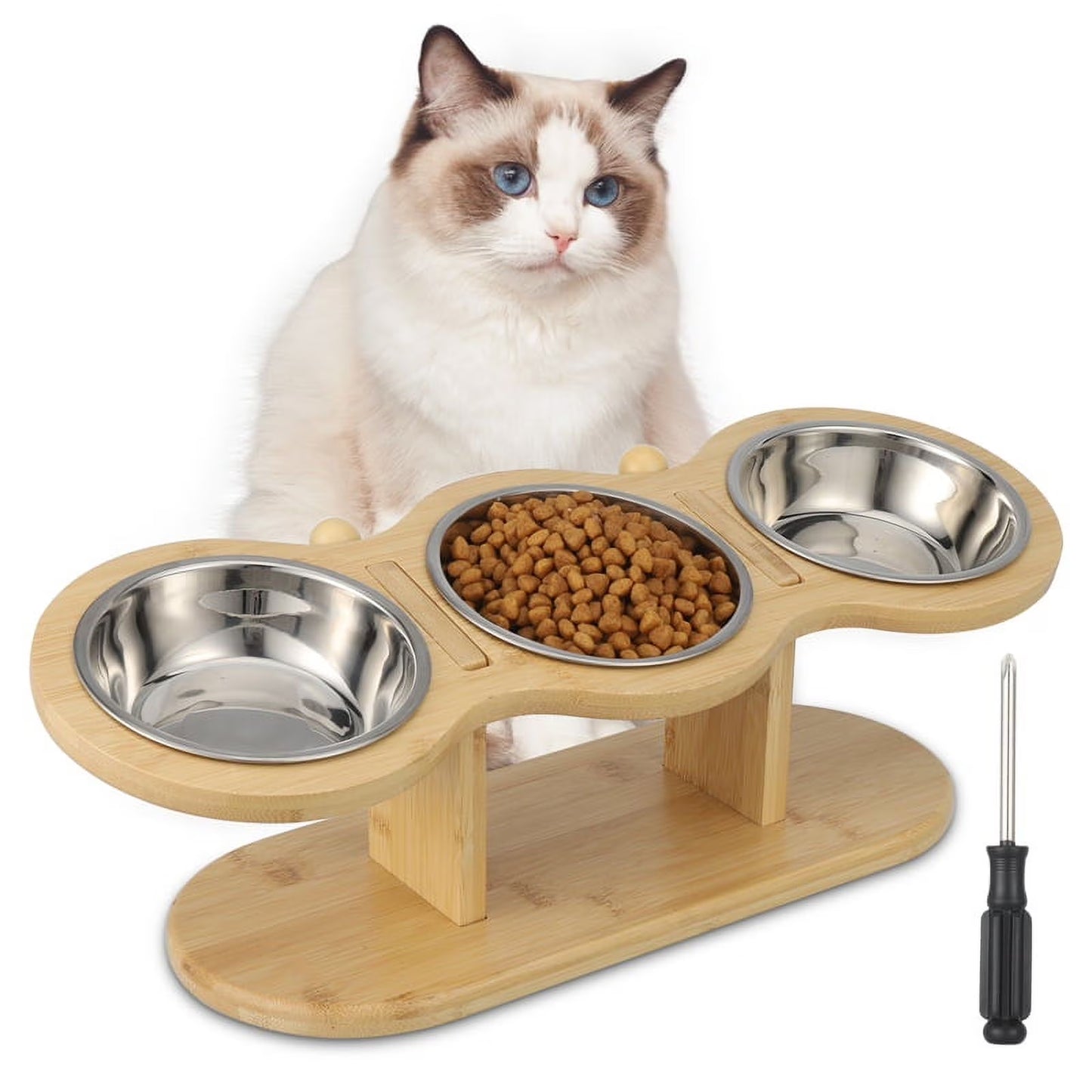 Elevated Wooden Cat Feeding Station with 15° Tilt and Adjustable Design, Includes 3 Stainless Steel Bowls for Cats and Small Dogs