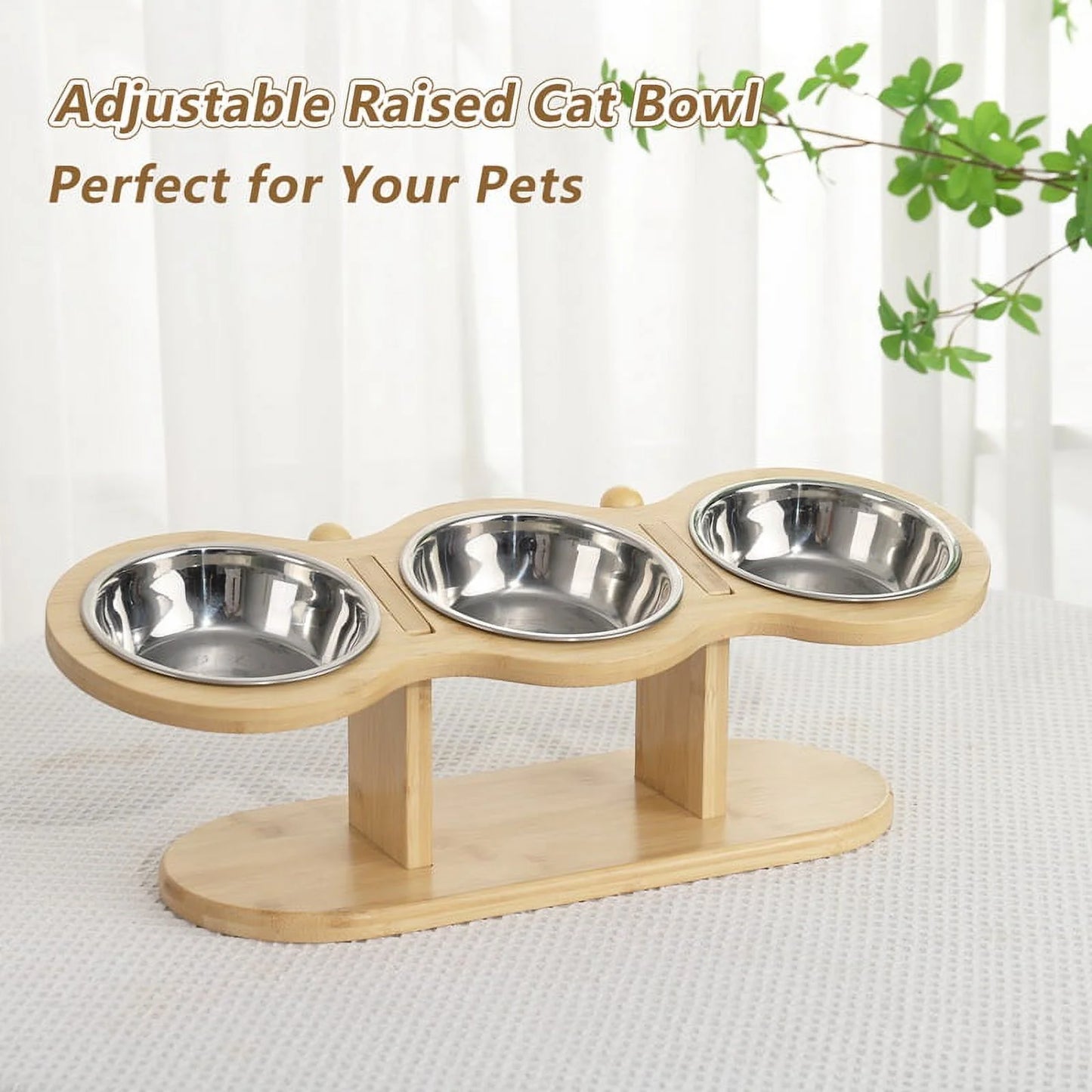 Elevated Wooden Cat Feeding Station with 15° Tilt and Adjustable Design, Includes 3 Stainless Steel Bowls for Cats and Small Dogs