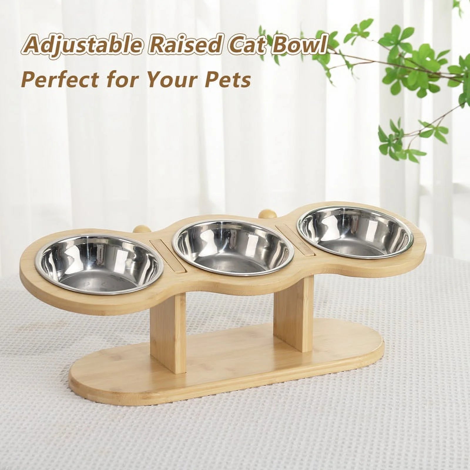 Elevated Wooden Cat Feeding Station with 15° Tilt and Adjustable Design, Includes 3 Stainless Steel Bowls for Cats and Small Dogs