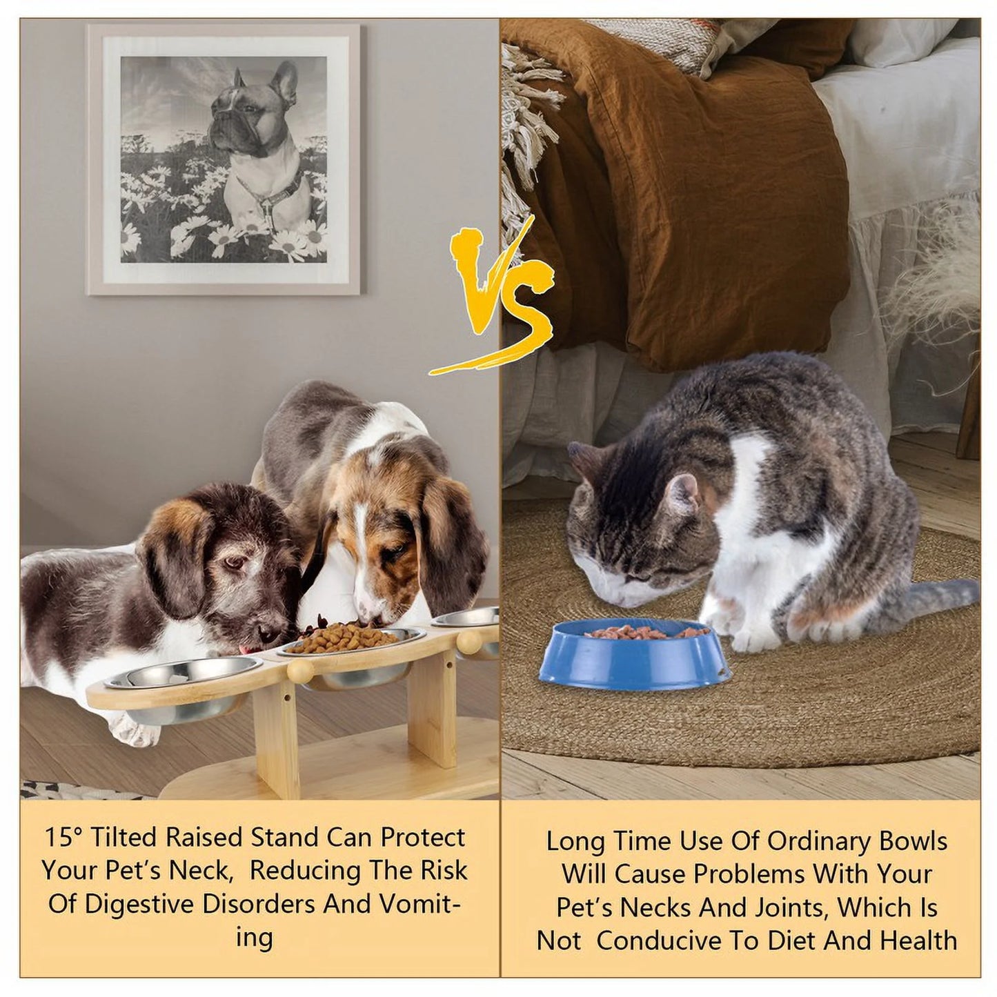Elevated Wooden Cat Feeding Station with 15° Tilt and Adjustable Design, Includes 3 Stainless Steel Bowls for Cats and Small Dogs