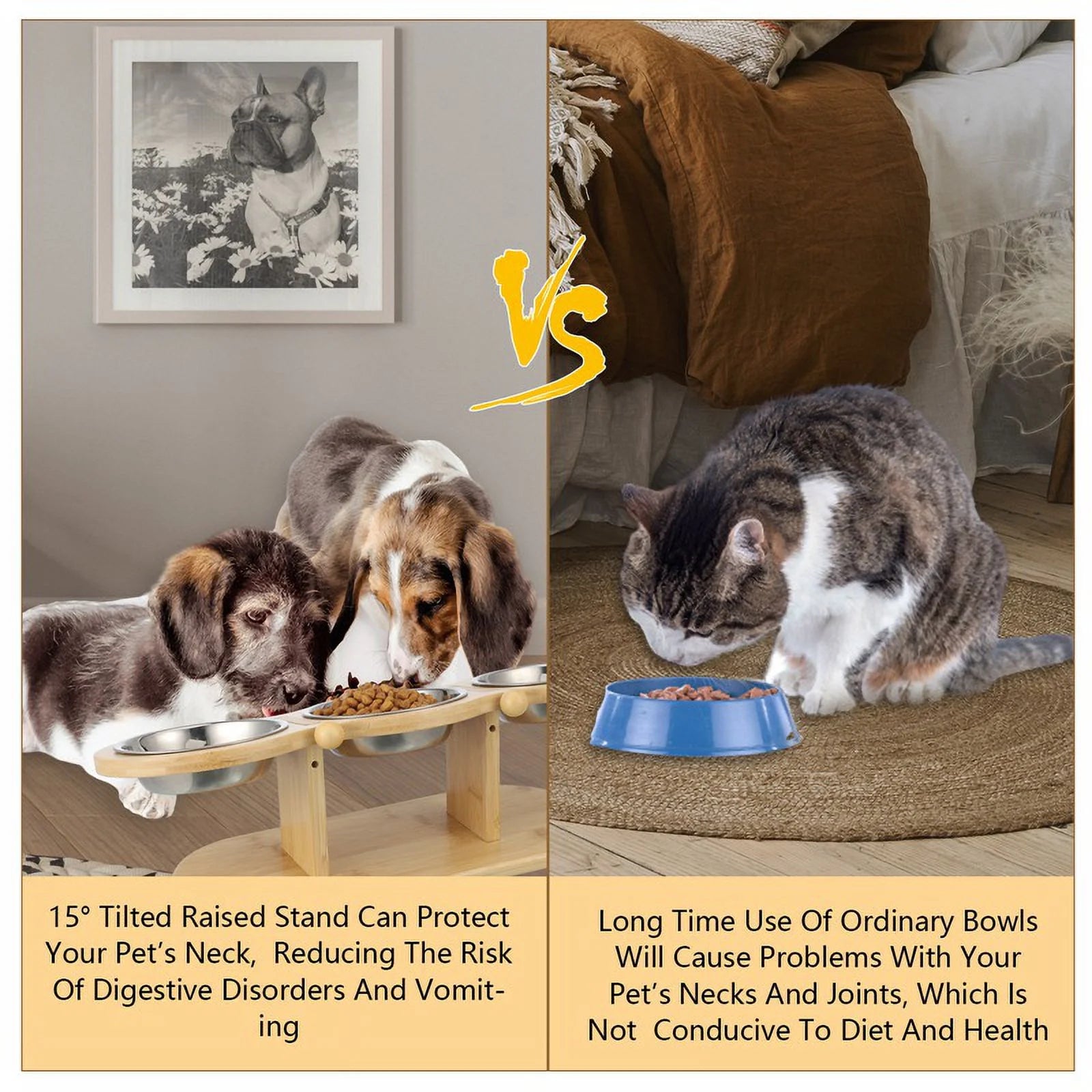 Elevated Wooden Cat Feeding Station with 15° Tilt and Adjustable Design, Includes 3 Stainless Steel Bowls for Cats and Small Dogs