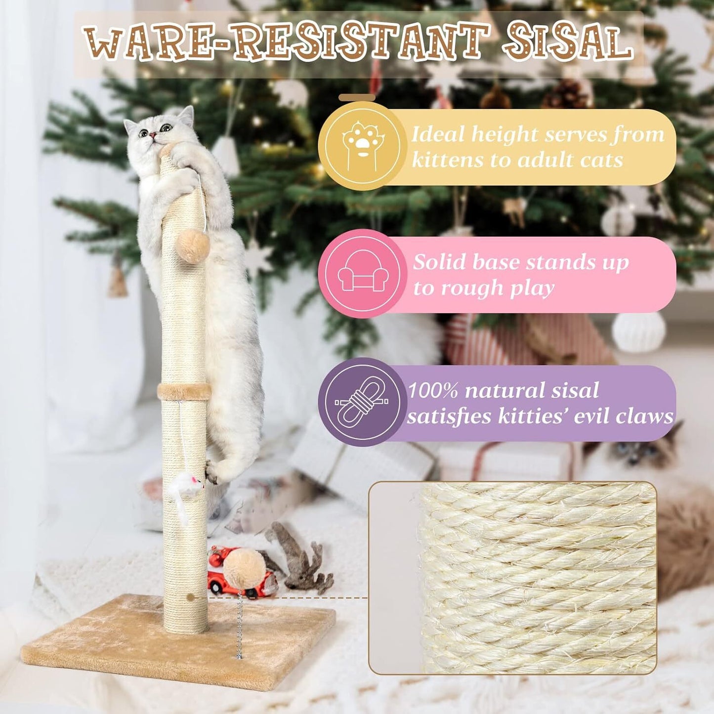 32" Tall Cat Scratching Posts for Indoor Cats, 3-In-1 Cat Scratching Post Wit...