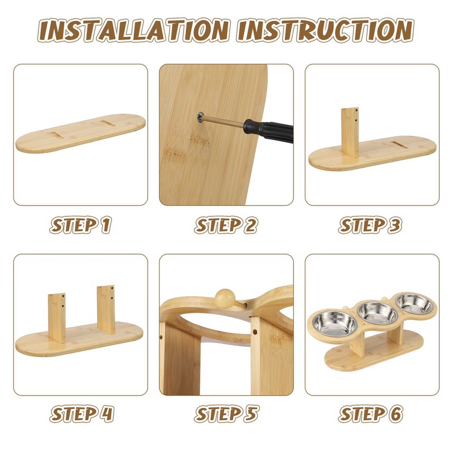 Elevated Wooden Cat Feeding Station with 15° Tilt and Adjustable Design, Includes 3 Stainless Steel Bowls for Cats and Small Dogs