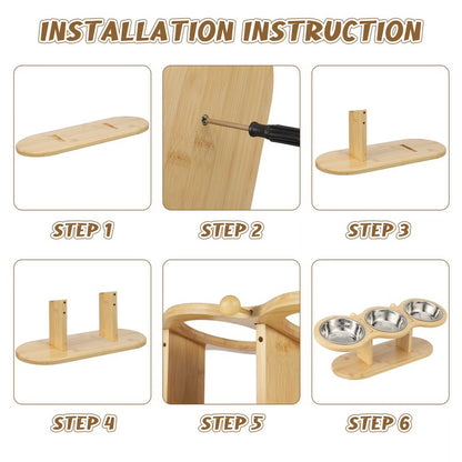 Elevated Wooden Cat Feeding Station with 15° Tilt and Adjustable Design, Includes 3 Stainless Steel Bowls for Cats and Small Dogs